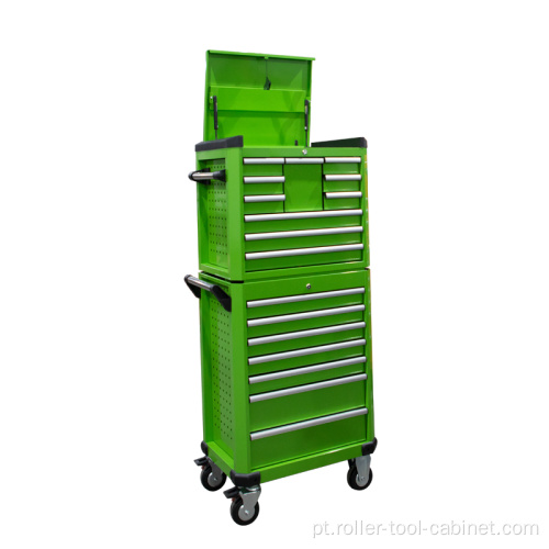 Conjunto de caixa de ferramentas móvel verde e gabinete de rolos